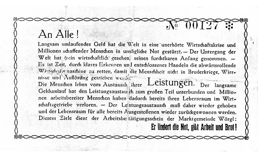 Rückseite des Wörgl-Geldes; 1 % des Nennwertes mussten monatlich aufgeklebt werden, dh das Geld nahm an Wert ab statt zu.